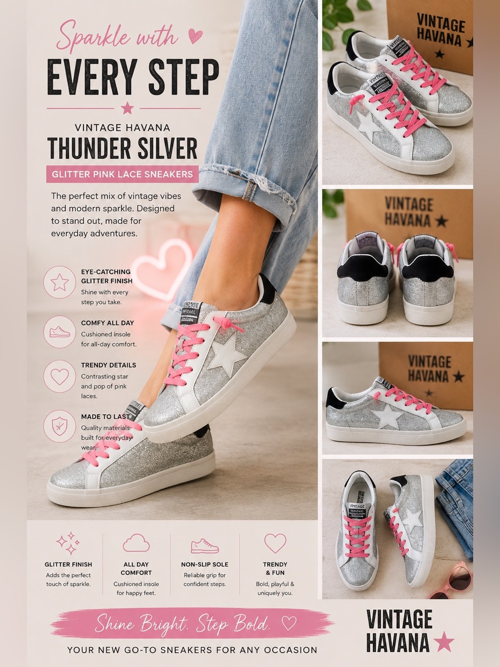 Vintage Havana Thunder Silver Multi Sneaker Glitter Pink White 8.5